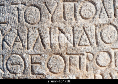 Greece trip 2015, Rhodos island, Lindos, greek writing on stones at the Lindos Acropolis Stock Photo