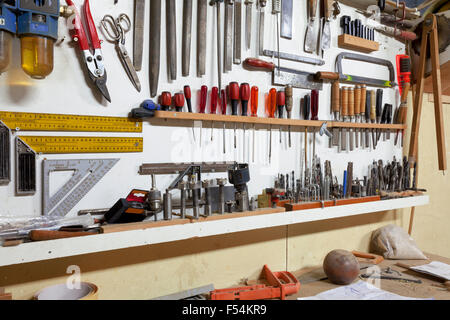 shelf with hand tools for woodworking Stock Photo