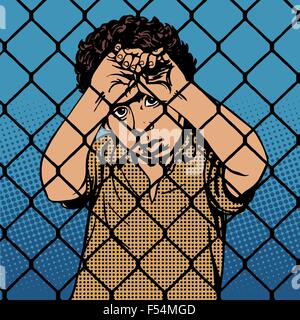 Child boy refugee migrants behind bars the prison boundary Stock Vector