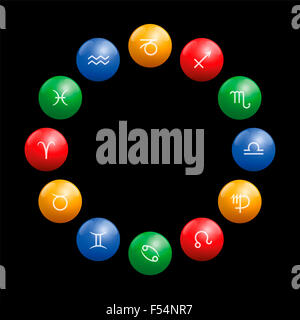 Radix of astrology with twelve symbols on colored glossy balls in their appropriate element color. Stock Photo