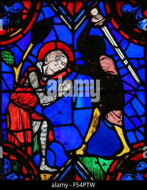 Stained glass window depicting the execution of a martyr in the Saint Gatien Cathedral of Tours, France. Stock Photo