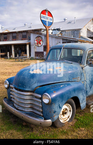Old Chevrolet 3100 pickup truck by cotton gin at The Shack Up Inn cotton pickers themed hotel, Clarksdale, Mississippi, USA Stock Photo