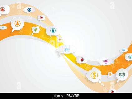 Abstract bright social communication background. Orange wave and business icons on speech bubbles. Vector design illustration Stock Vector