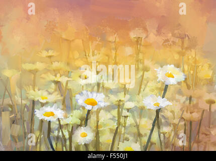 Oil painting daisy-chamomile flowers field at sunrise. Vintage flowers white flower daisy at meadow. Spring season background Stock Photo