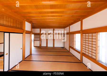 Japan, Tsuyama castle. A faithful reconstruction in the Bitchu Yagura turret of the daimyo's residence. Lower floor wide corridor leading past rooms. Stock Photo