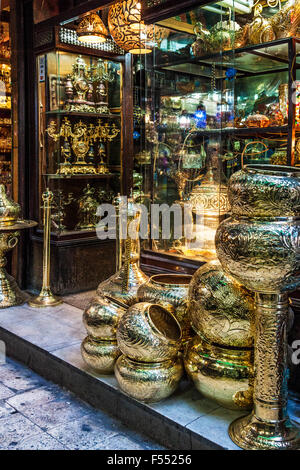 Traditional Arabian brass in the Khan el-Khalili souk in Cairo. Stock Photo