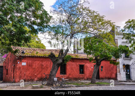 Old colonial buildings on the street of Colonia del Sacramento, a colonial city in Uruguay. Stock Photo