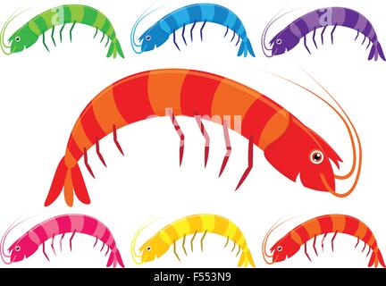 Vector cartoon prawns or shrimp in a variety of bright colours on a white background. Stock Vector
