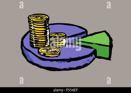 Illustration of stacked coins on pie chart against gray background Stock Photo