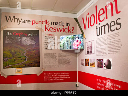Keswick Pencil Museum. Wall displays about the history of graphite mining in Cumbria and TV showing informative video. England Stock Photo