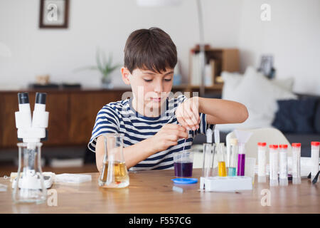 Boy concentrating on school science project at table Stock Photo