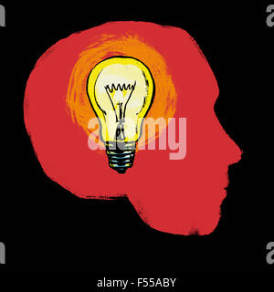 Illustration of illuminated light bulb in human head against black background Stock Photo