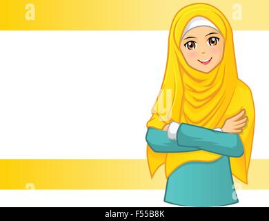 High Quality Muslim Woman Wearing Yellow Veil with Folded Arms Cartoon Character Vector Illustration Stock Vector