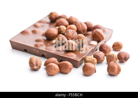 sweet chocolate with hazelnuts on white background Stock Photo