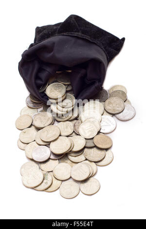 bag with various coins  isolated on white background Stock Photo