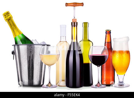 Set of different alcoholic drinks and cocktails isolated on white background Stock Photo