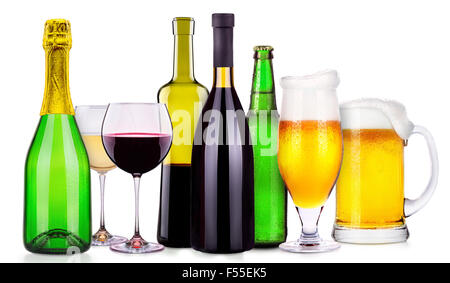 Set of different alcoholic drinks and cocktails isolated on white background Stock Photo