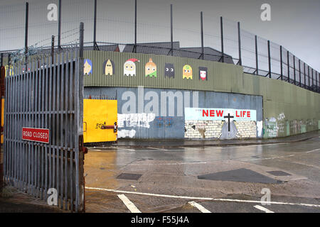 Cupar Way,Belfast,Northern Ireland: wall and gates dividing republican and loyalist areas.This Peace line divides loyalist area of Shankill and republican area of Falls.The gate is closed during the night