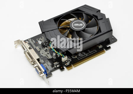ASUS Nvidia GeForce GT 740 OC overclocked performance graphics card on a white background. Stock Photo