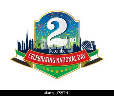 UAE 2nd December Logo with Skyline & Firework, An inscription in English 'Celebrating National Day' Stock Vector