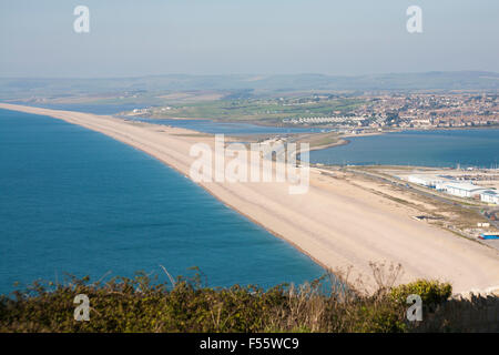 Looking down over Chesil Bank and the Fleet Lagoon at Portland, Weymouth, Dorset UK in October Stock Photo