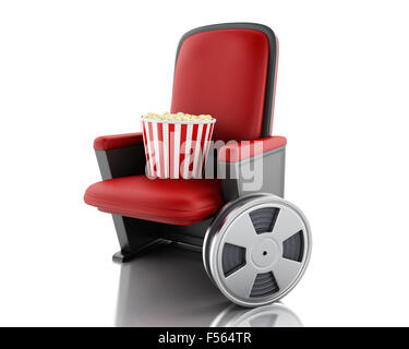 3d illustration. Film reel and popcorn on theater seat. cinematography concept. Isolated white background Stock Photo