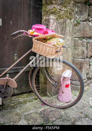 A rusty ladies bicycle leaning against an old wooden gate, with a wicker basket with a plastic fish in it and a pink hat on top Stock Photo
