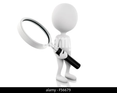 3d renderer illustration. White people examines through a magnifying glass. Isolated white background Stock Photo
