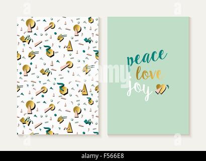 Merry Christmas and Happy new year card template set with vintage 80s style seamless pattern and trendy holiday text in gold Stock Vector