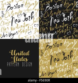 Travel America USA famous cities with handmade calligraphy. New york city, Chicago, Washington, Las Vegas, Los Angeles. Stock Vector