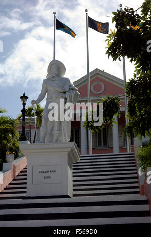 Statue of Christopher Columbus in front of the Government House (Governor House), Nassau, Bahamas, Caribbean Stock Photo