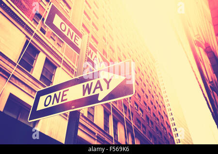 Vintage style photo of the one way signs in Manhattan, New York, USA. Stock Photo