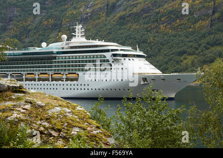 The Giant Cruise Ship, Serenade of the Seas, Moored In Geiranger Fjord, Norway. Stock Photo