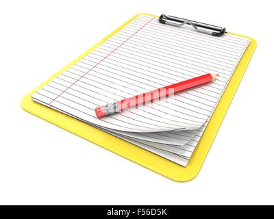 Yellow clipboard and blank lined paper. 3D render illustration isolated on white background Stock Photo