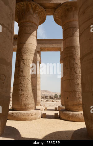View through hypostyle hall at the Ramesseum, Mortuary Temple of Ramesses II on West Bank of the Nile at Luxor, Egypt Stock Photo