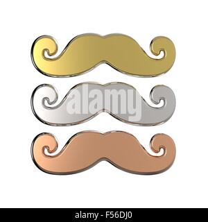 Gold, silver and bronze mustache. 3D render illustration isolated on white background Stock Photo