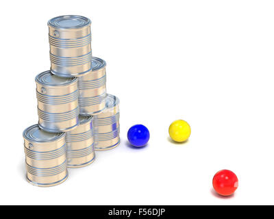 Tin cans and three balls. Side view. 3D illustration isolated on white background Stock Photo