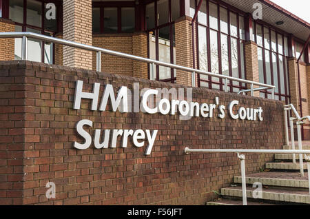 Sign at HM Coroner's Court, Surrey, in Woking, south-east England, used for legal inquiry into the medical cause and circumstances of a death Stock Photo
