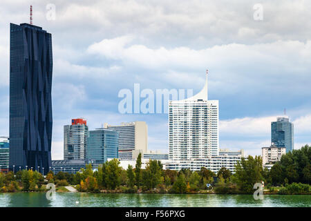 VIENNA, AUSTRIA - SEPTEMBER 30, 2015: waterfront and Vienna International Centre (VIC, UNO City). The United Nations Office at V Stock Photo