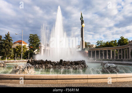 Hochstrahlbrunnen fountain and Soviet War Memorial in Vienna (Heldendenkmal der Roten Armee, Heroes Monument of the Red Army) on Stock Photo