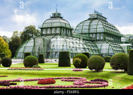 travel to Vienna city - Palm House, large greenhouse in garden of Schloss Schonbrunn palace, Vienna, Austria Stock Photo