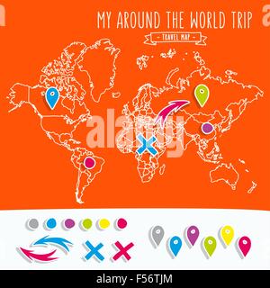 Hand drawn world map with pins and arrows vector design. Cartoon style atlas illustration. Travel poster template. Stock Vector