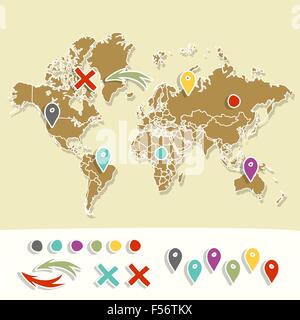 Hand drawn world map with pins and arrows vector design. Cartoon style atlas illustration. Travel poster template. Stock Vector