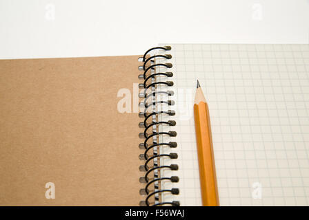 Opened notebook with a blank sheet and pencil on the old tissue Stock Photo