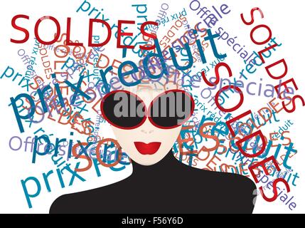 Woman thinks about  shopping - creative illustration with French words generated by a stylish woman Stock Vector
