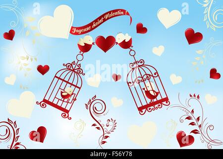 Valentine's Day card in French - Joyeuse Saint-Valentin - Birds in love, adorable vector eps10 illustration with floral design Stock Vector