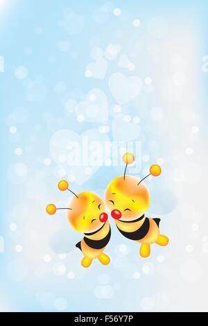 Card for lovers - Valentines Day with two cute bees and hearts on light blue background - with copy space - eps10 vector Stock Vector
