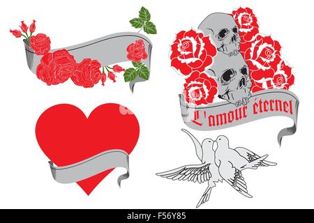 L'amour éternel - retro tattoo designs isolated on white Stock Vector