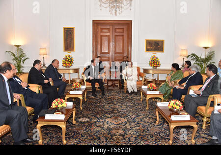 India, Abu Dhabi, United Arab Emirates. 28th Oct, 2015. Egyptian President Abdel Fattah Al Sisi arrives for the India Africa Forum Summit (IAFS) in New Delhi, India, Thursday, Oct. 29, 2015. More than 40 African leaders are in New Delhi for a summit to explore how Indian investment and technology can help a resurgent Africa face its development challenges © Egyptian President Office/APA Images/ZUMA Wire/Alamy Live News Stock Photo