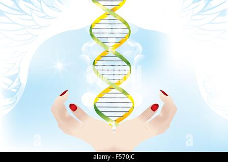 Hands creating DNA strand, protected by divine wings - eps10 vector illustration Stock Vector